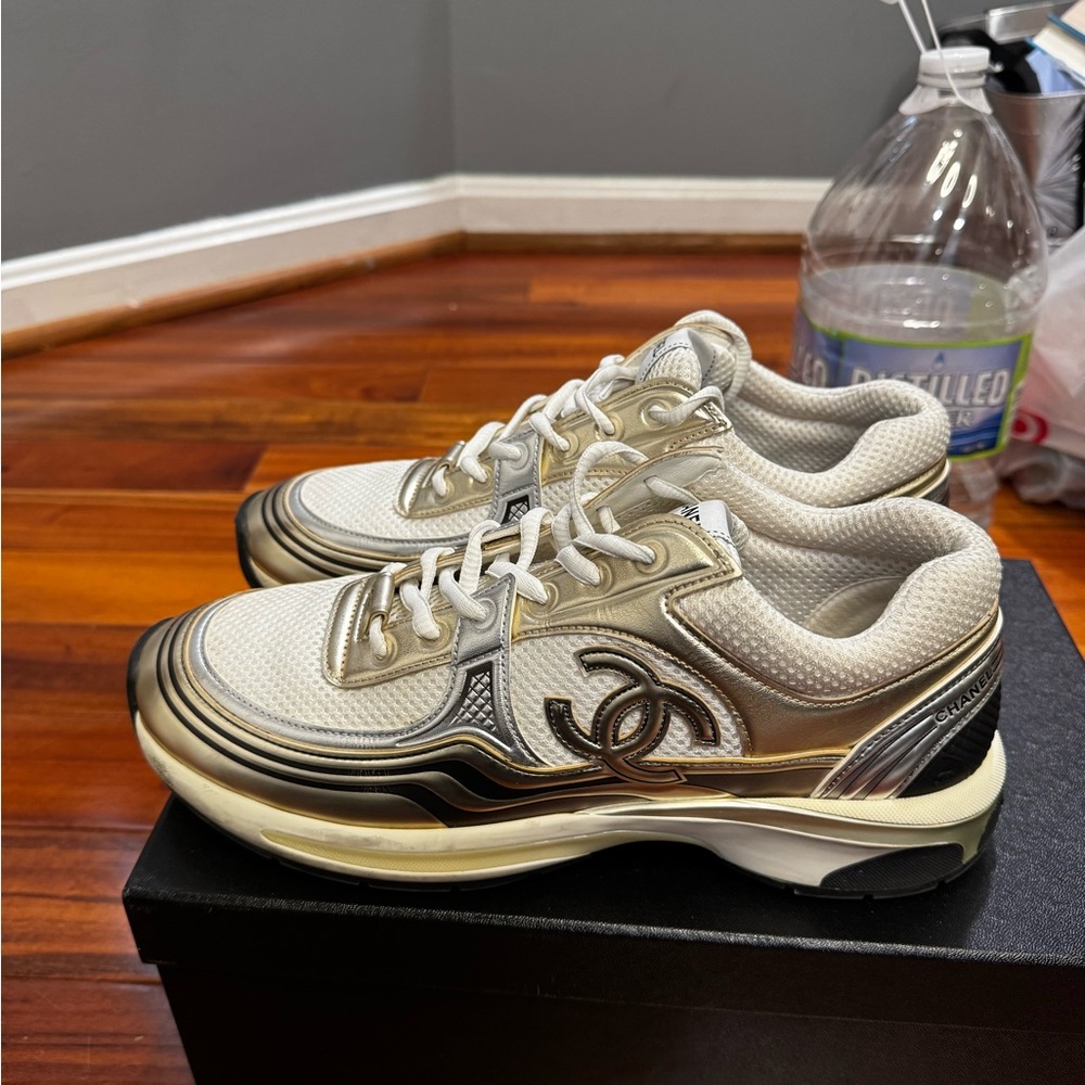 Chanel CC Gold and White Sneakers